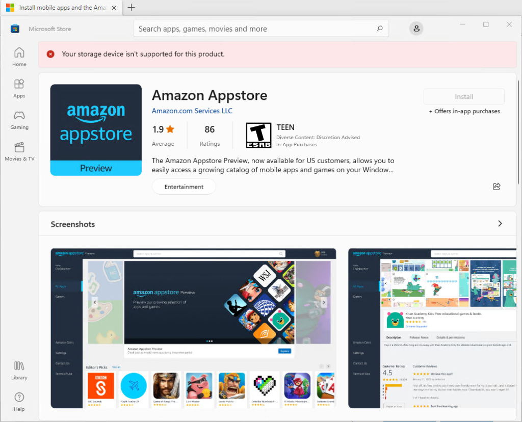 A screenshot of the "Amazon Appstore" application in Microsoft Store displaying the error message "Your storage device isn't supported for this product."