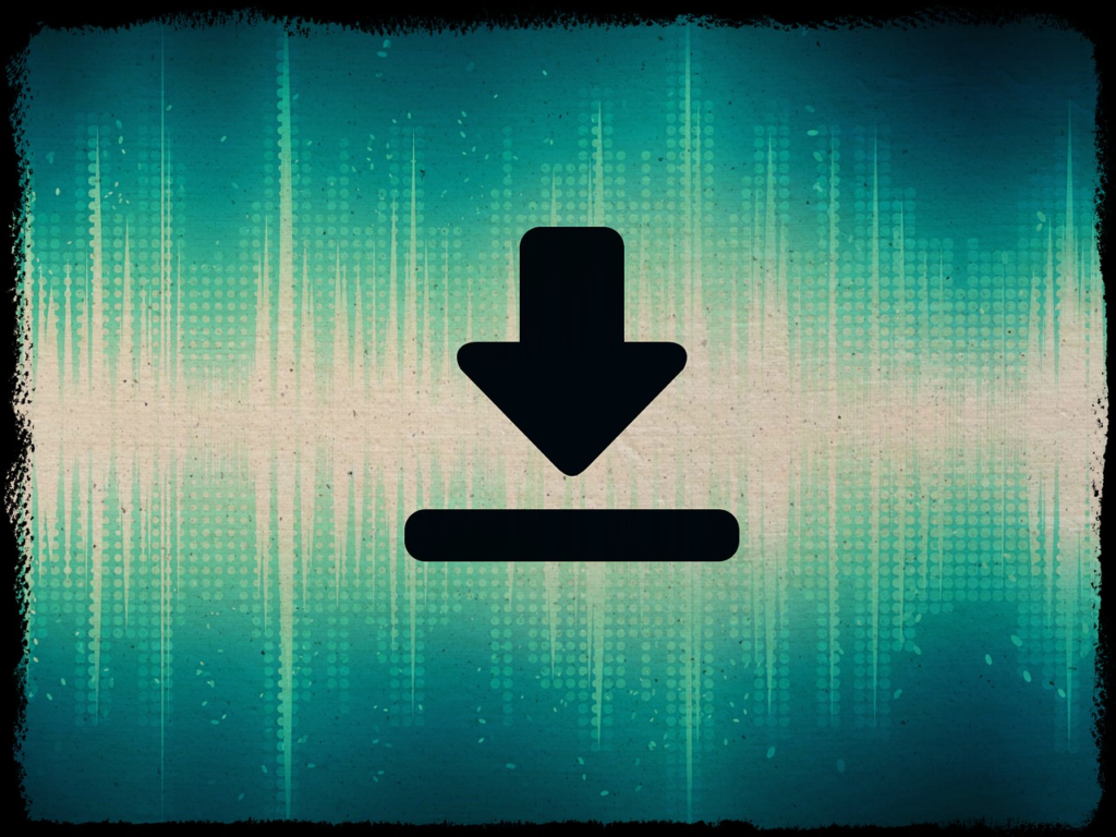 Illustration of a black download arrow icon with an audio noise signal behind it in green.