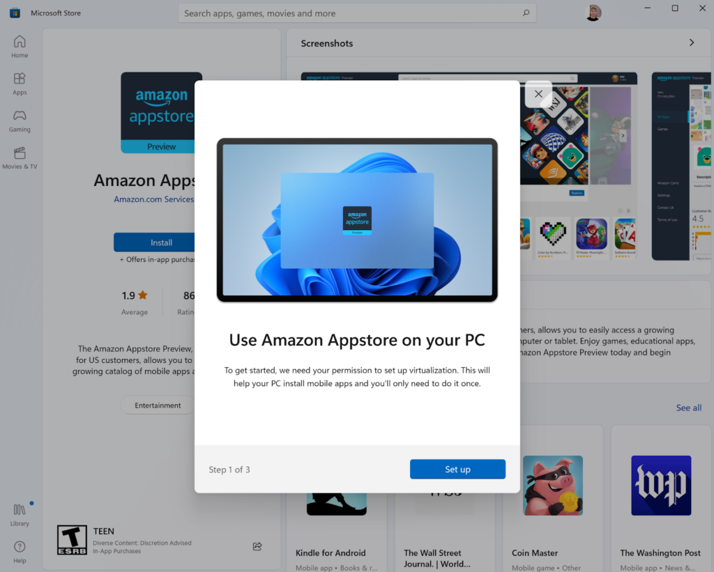 A screenshot of Amazon Appstore's setup wizard with a "Set up" button to get started.