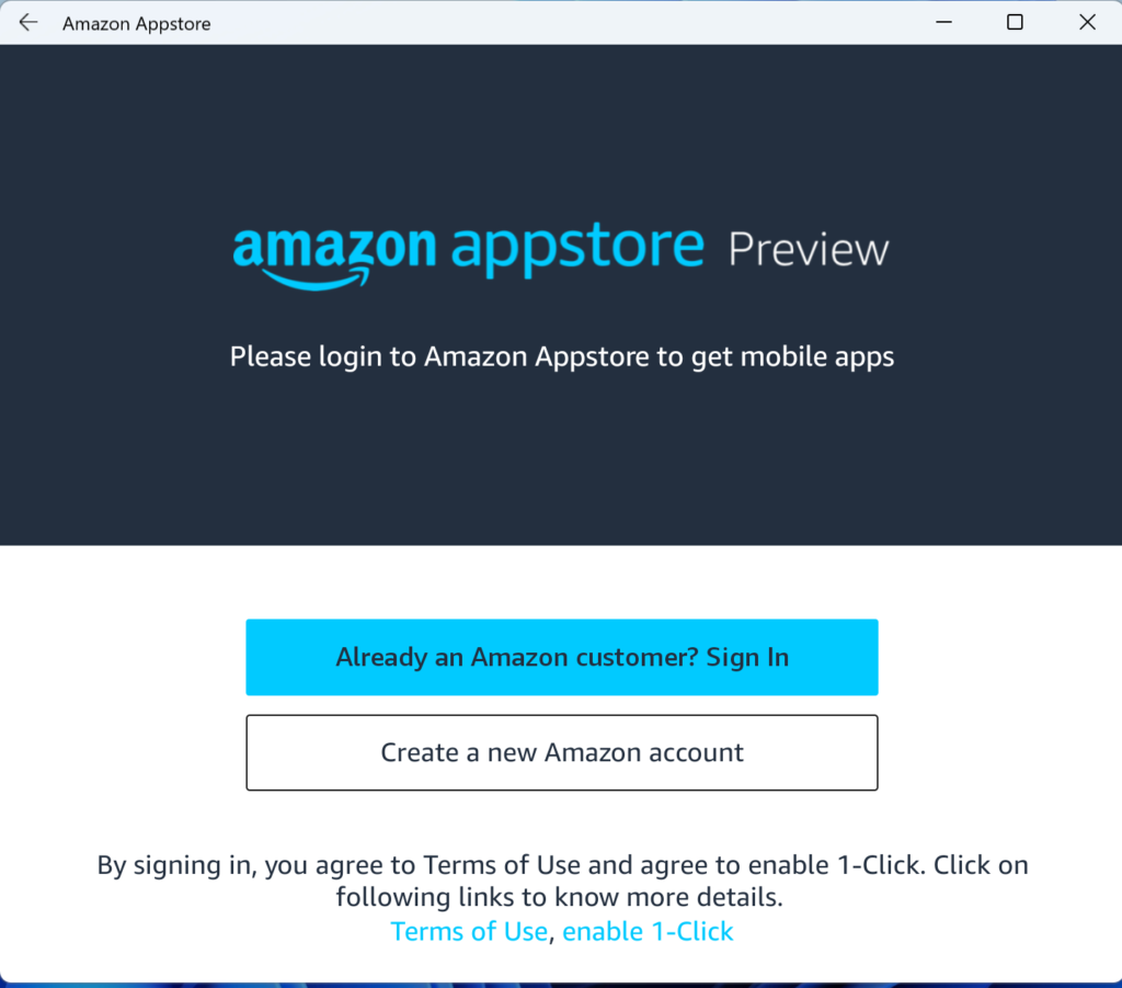 A screenshot of Amazon Appstore's login page with two options: "Already an Amazon customer? Sign In" and "Create a new Amazon account."