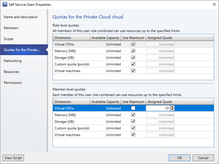 Screenshot of the VMM Self Service Properties window. Attributes are listed on the right which a user can select, highlighted is Quotas for the Private Cloud cloud.  On the right is a list of all resource types selectable at the top. Below resource types is a list of member quotas that can be modified.