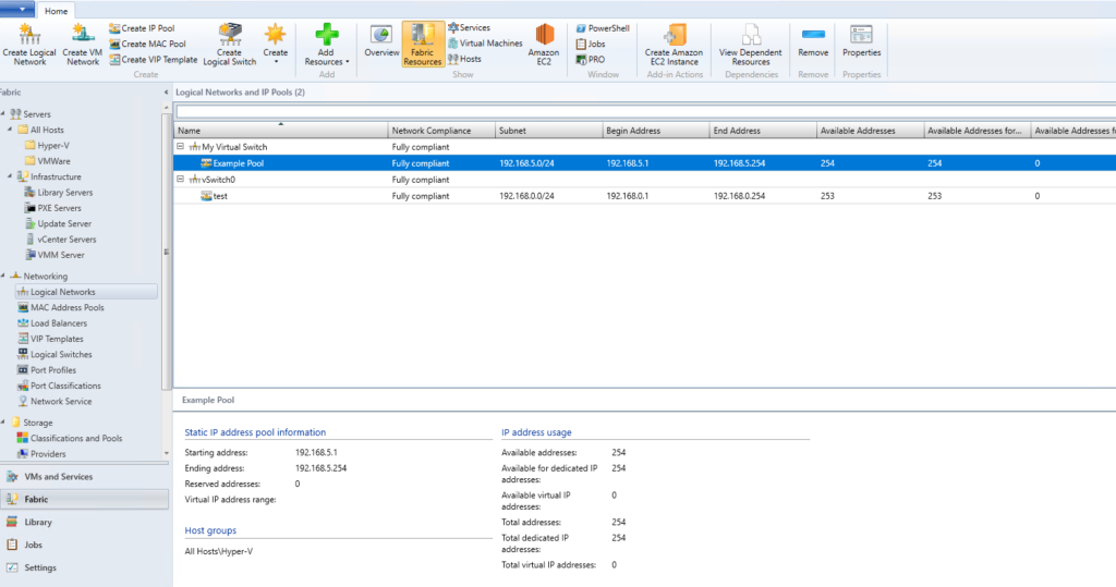 Screenshot of the home page in the VMM console showing the IP address pool created.