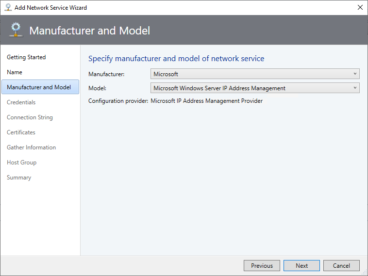 Screenshot of 'Manufacturer and Model' tab in the Add Network Server Wizard.
