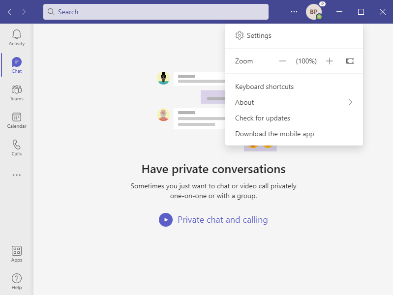 Screenshot of Microsoft teams window with the options menu displayed. This menu has a check for updates option.