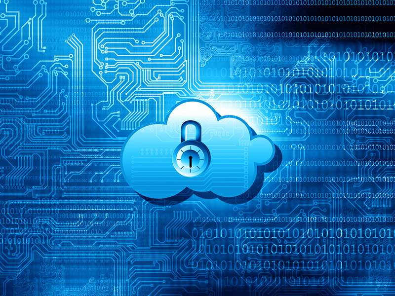  Illustrative image depicting cloud network security. It consists of a cloud and a padlock at the center, and binary numbers as background with different shades of blue as colors.