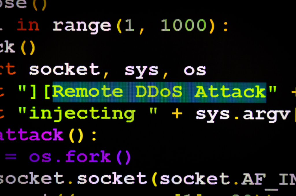 Image depicting source code for executing a Distributed Denial of Service or DDoS attack. It consists of a cropped screenshot of a source code.