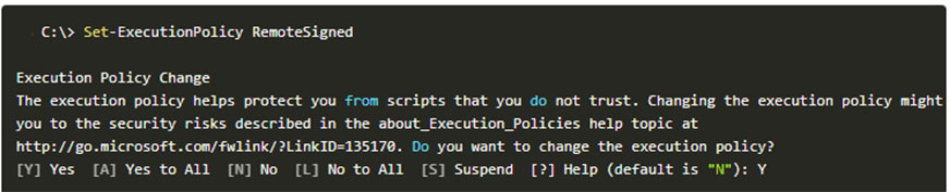 A screen displaying the execution of the Set-Execution cmdlet and the following confirmation message.