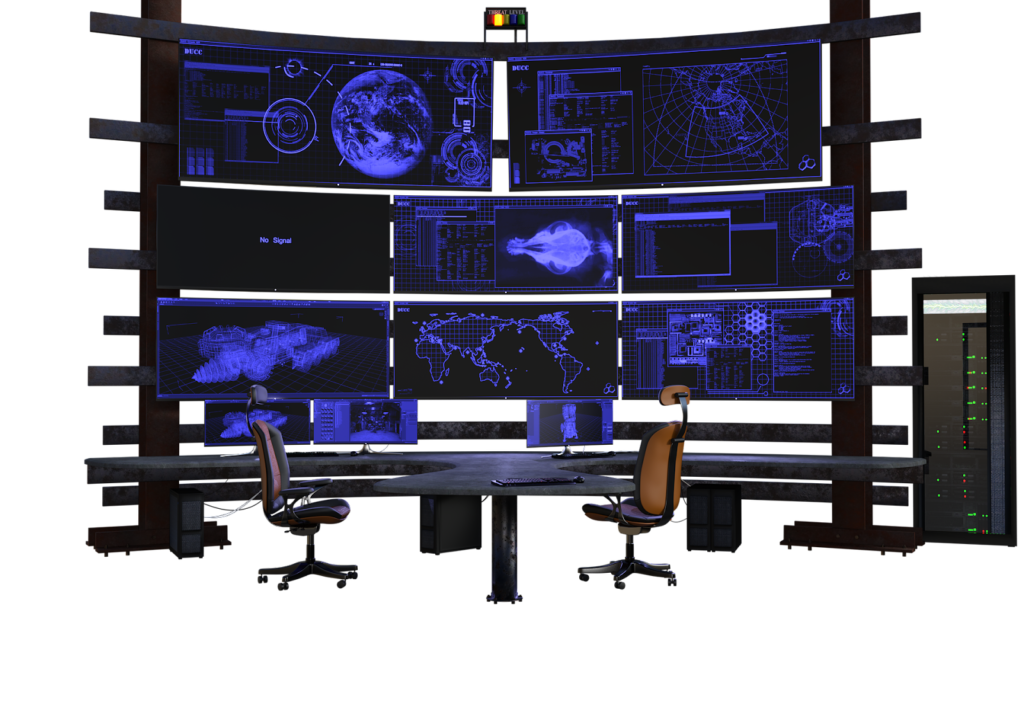 Image of a desk with many monitors