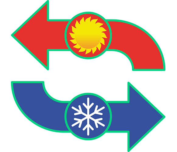 Infographic of an arrow in red depicting hot air points away while a blue arrow depicting cold air pointing in.
