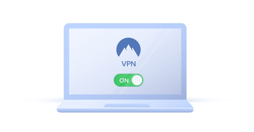 Illustration of a laptop screen displaying VPN software toggled to on.