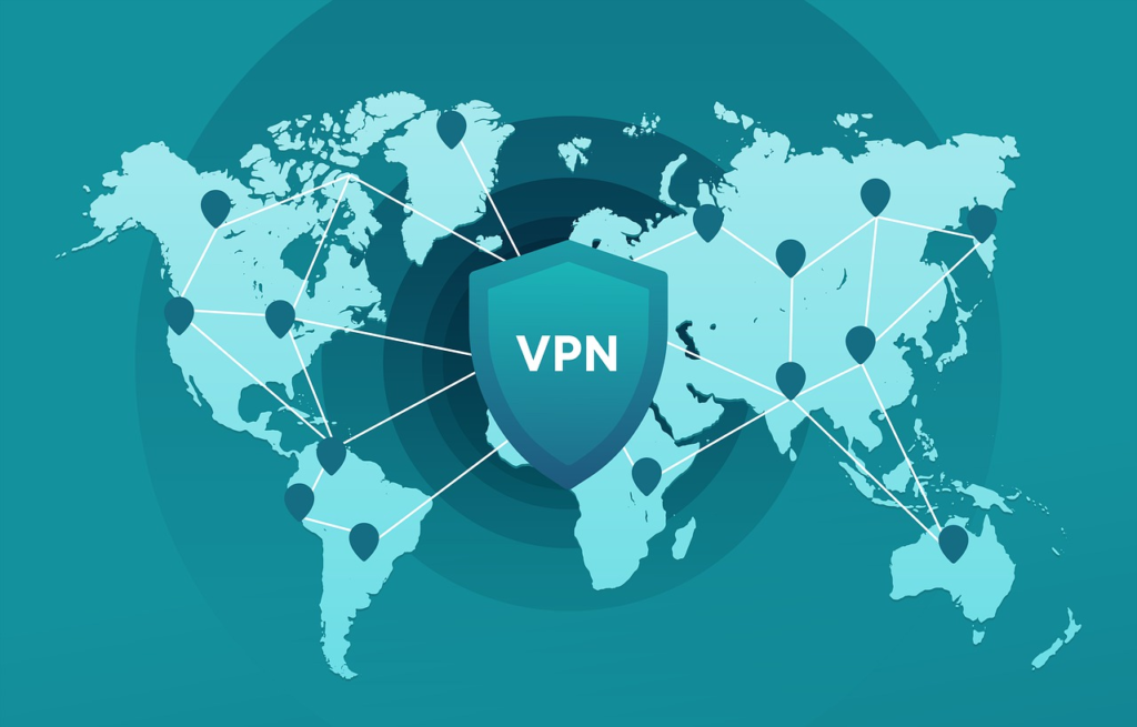 Illustration of a world map with a network of nodes over the map. A shield with VPN written on it is presented above the network.