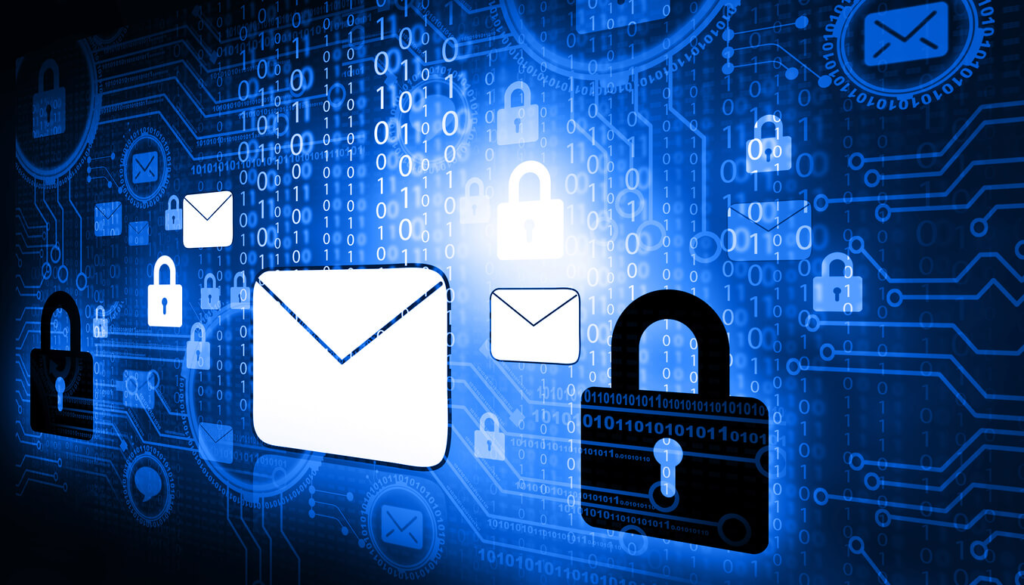 Image of email security on a digital canvas with locks and binary representation