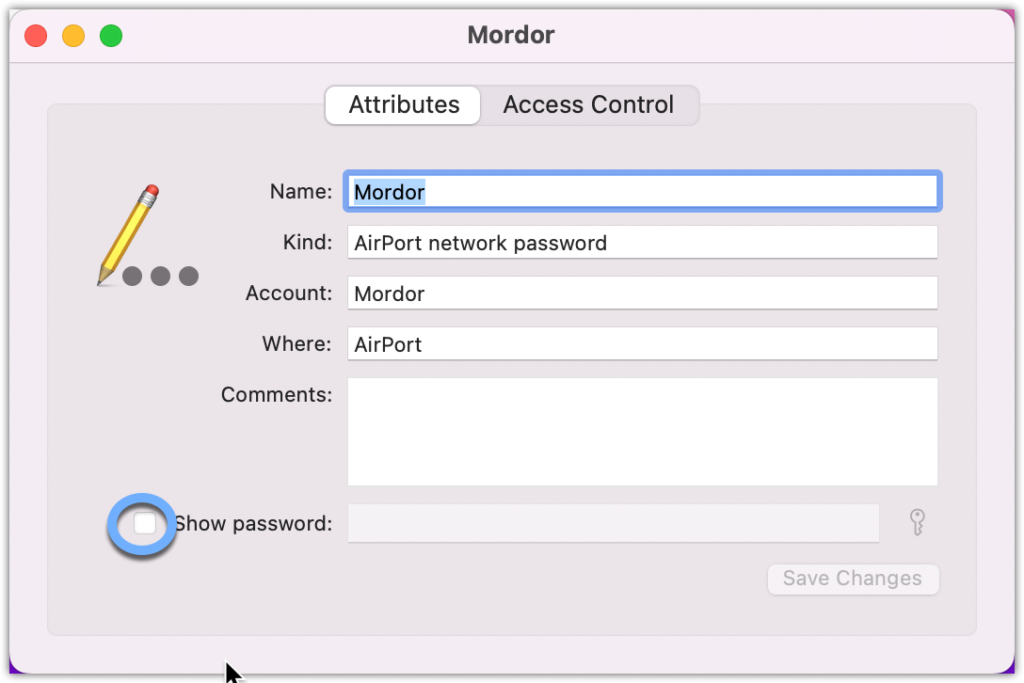 Screenshot of Mac's network attributes. Show password is in a blue circle.