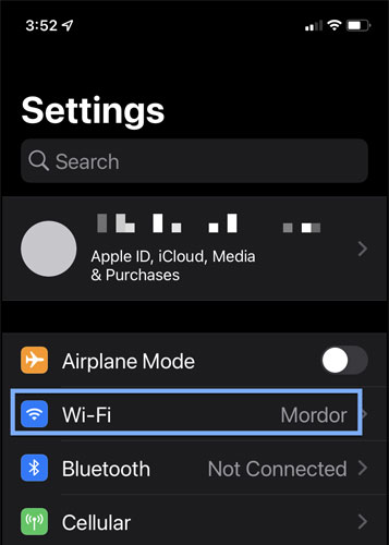 Screenshot of iPhone Settings app showing the settings: Airplane Mode, Wi-Fi, Bluetooth, and Cellular. The Wi-Fi setting is enclosed in a blue rectangle. The background is black.