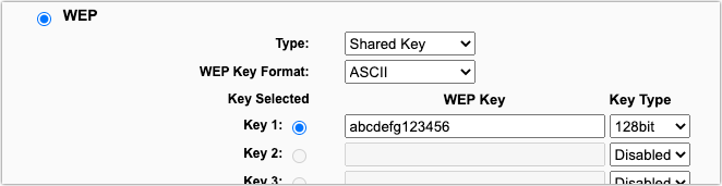 Screenshot of a 128-bit WEP key in the ASCII key format.