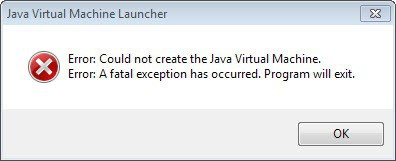 Image of a Windows error box stating "Could not create the Java Virtual Machine".