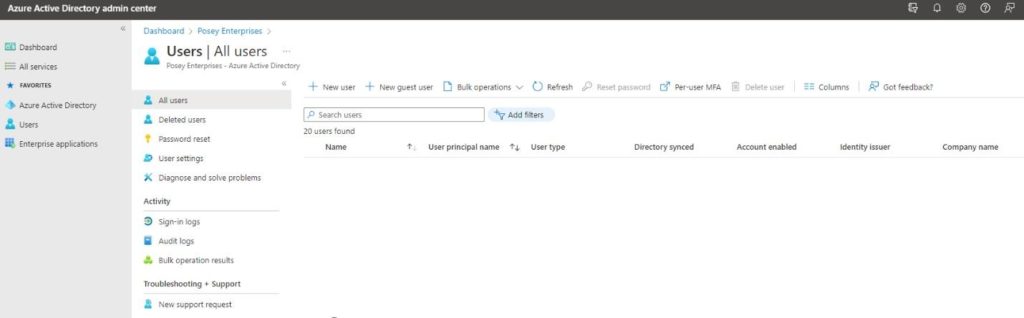 Screenshot showing the Azure Active Directory Admin Center and the Users container.