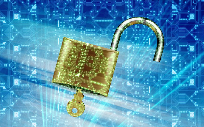 Image of a key opening a lock on a blue electronic background.
