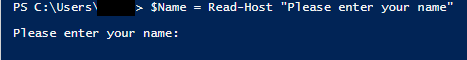 Screenshot of a PowerShell window that prompts users to enter their name.