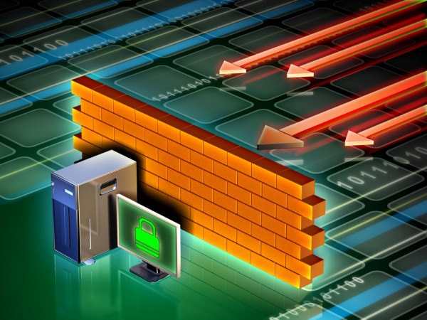 An image representing a firewall protecting a computer from malicious outside web requests or network traffic.