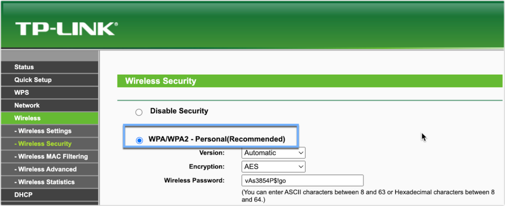 Screenshot of the wireless security settings page on a router's administrative web interface.