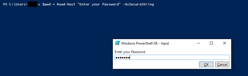 Screenshot of a PowerShell window that collects passwords, but masks them with asterisks.