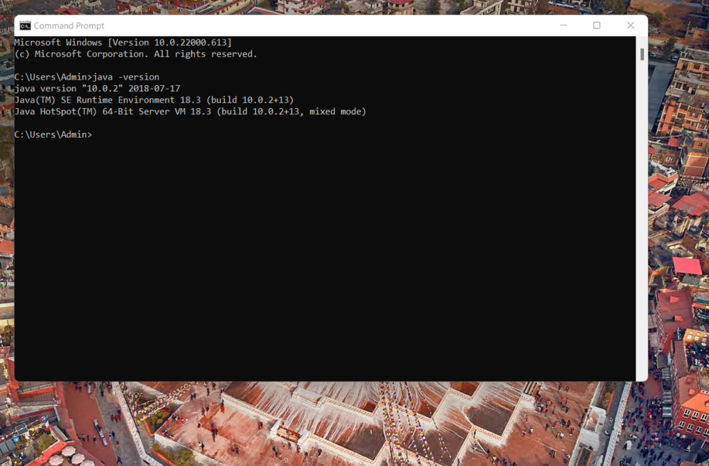  Screenshot of Java version, Java SE runtime environment, and Java build version in a command prompt window.