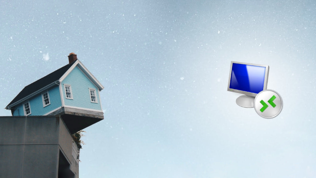 Photograph illustration showing a small house on top of a concrete structure. Next to it is the remote desktop connection logo.