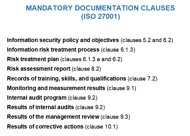  Image of the mandatory documentation clauses for ISO 27001.