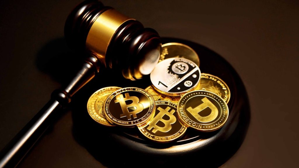 Image of a judge's gavel resting on a sounding block covered with different crypto coins.