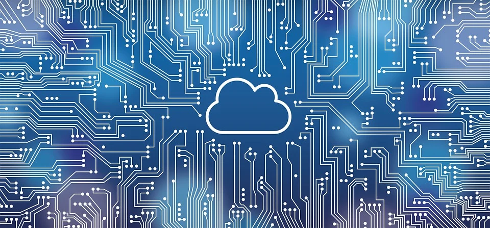 Image showing a cloud icon in front of a blue background with lines leading into it.