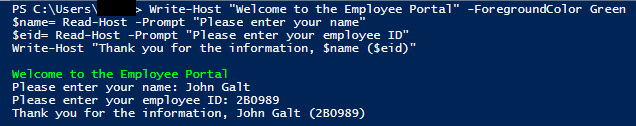 Screenshot of a PowerShell window that collects name and employee ID, and displays the same.