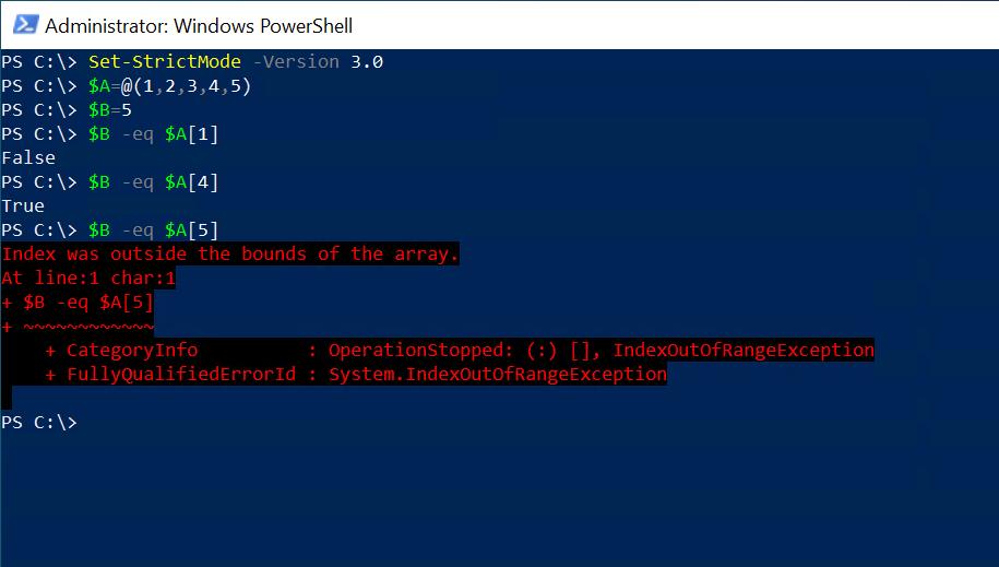 Screenshot of a Windows PowerShell session with Strict Mode V.0.3 enabled.