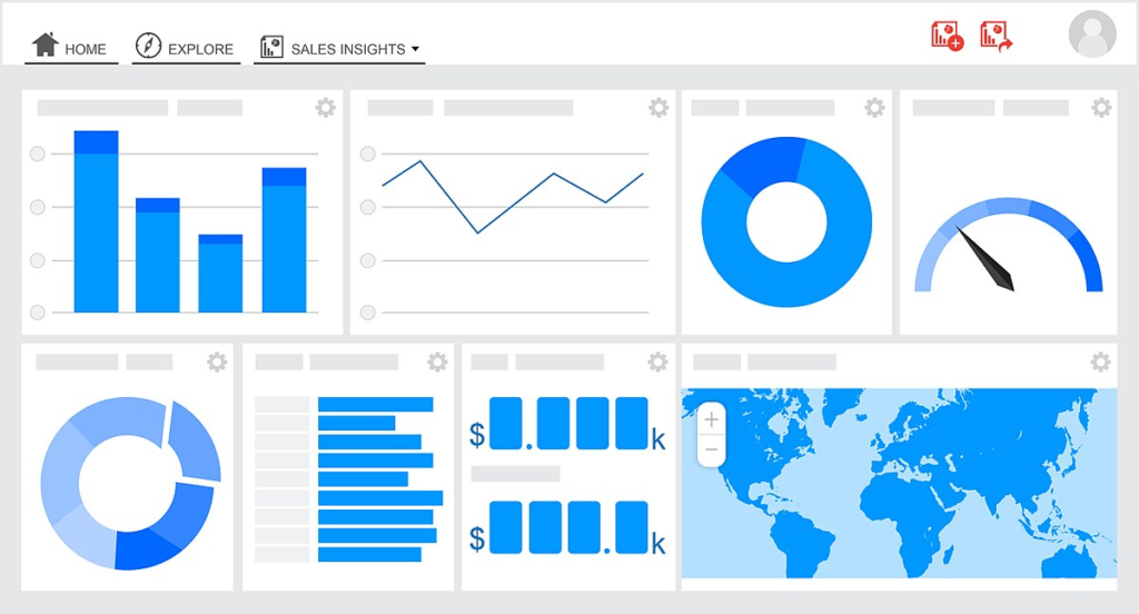 Illustration of a sales software dashboard displaying different types of charts.