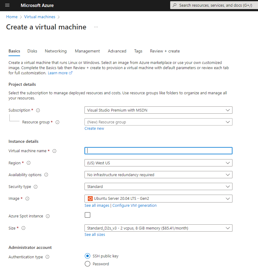 Screenshot of the Azure VM creation portal.