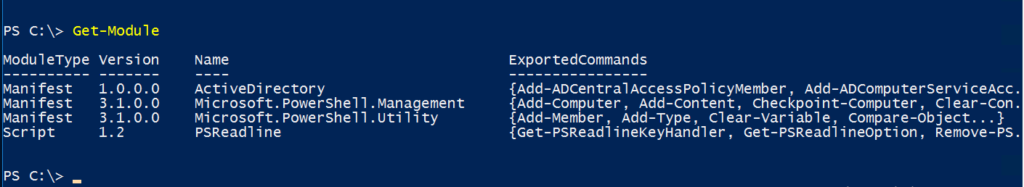 Screenshot of a PowerShell session with the Get-Module cmdlet.