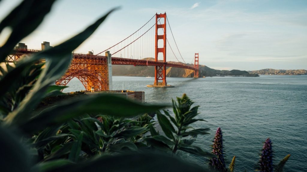 Image of the Golden Gate bridge in San Francisco California at golden hour.