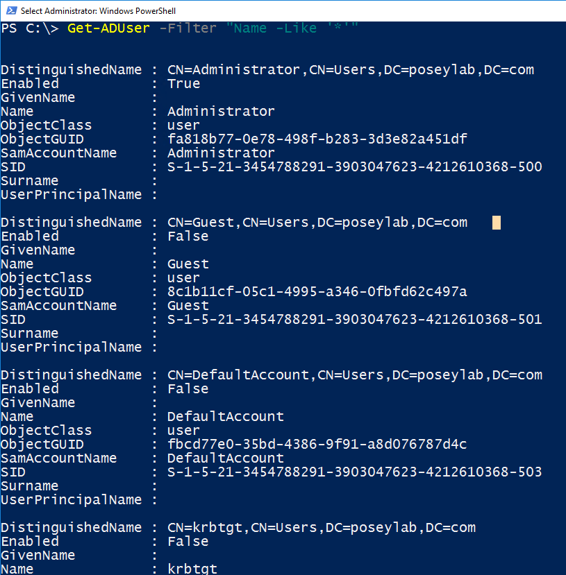 Screenshot of a PowerShell session retrieving names.