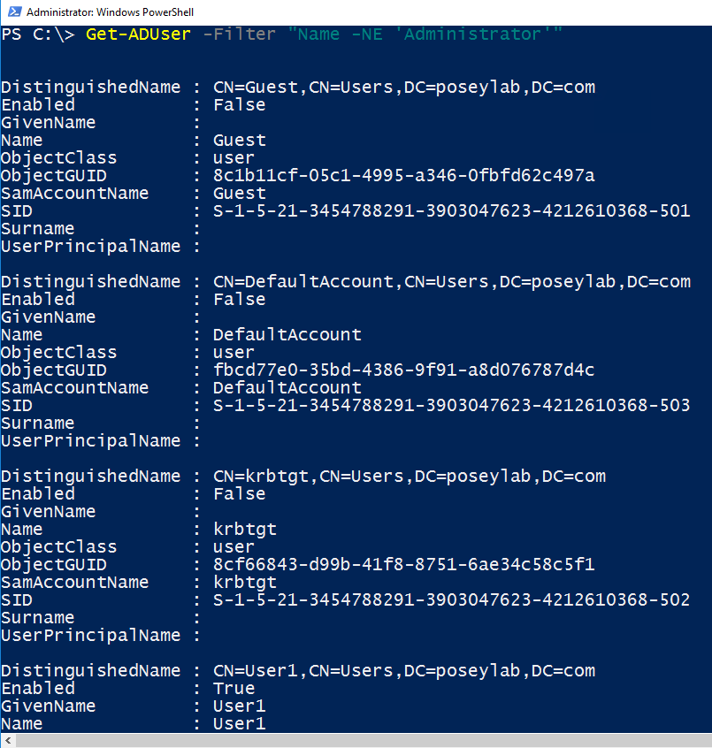 Screenshot of a PowerShell session excluding the domain admin account from the password reset.