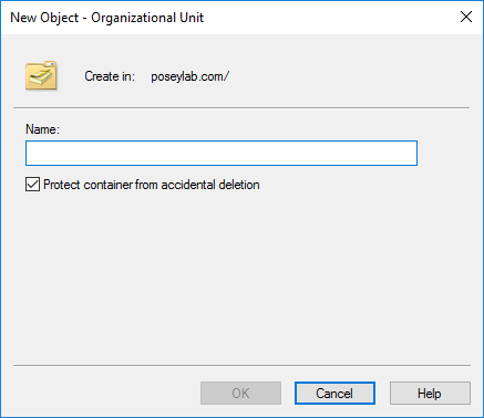 Screenshot of a New Object creation tab, with a ticked checkbox saying "protect container from accidental deletion"