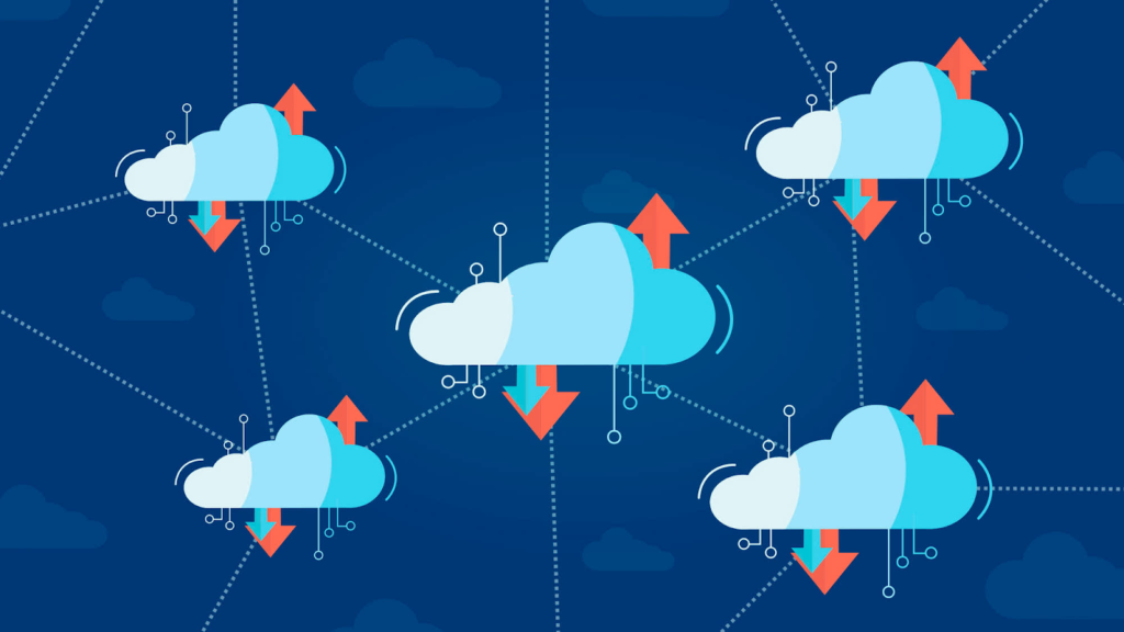 Illustration of a network of clouds connected by dashed lines. Arrows and PCB circuit connections are shows coming out of each cloud.