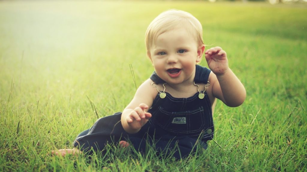 Image of a baby playing in a field.