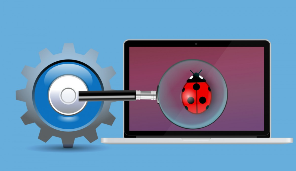 Image of a gear holding a magnifying glass focused on a ladybug on a laptop screen.