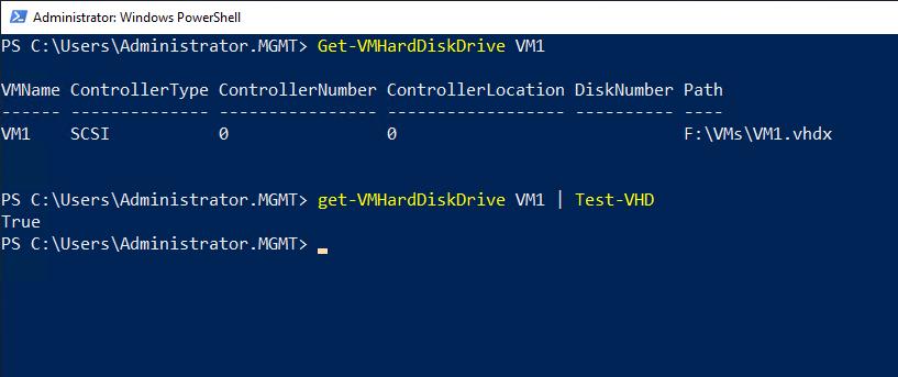Screenshot showing PowerShell returning a value of True, indicating that the virtual hard disk is not corrupted.