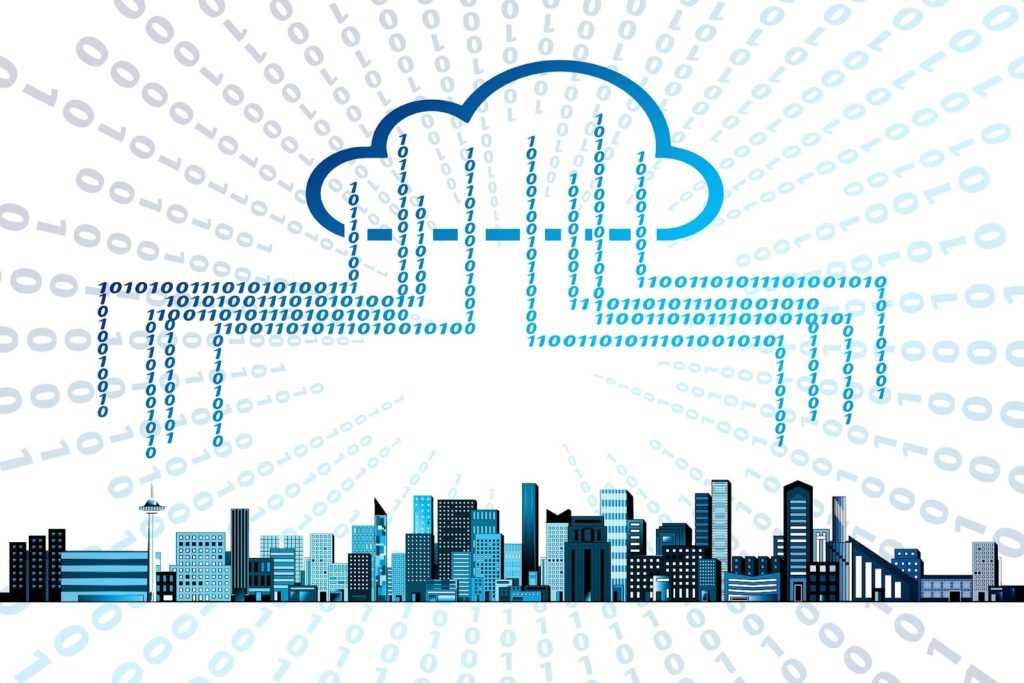A representation of a city uploading to the cloud representing multi-tenant cloud architecture.