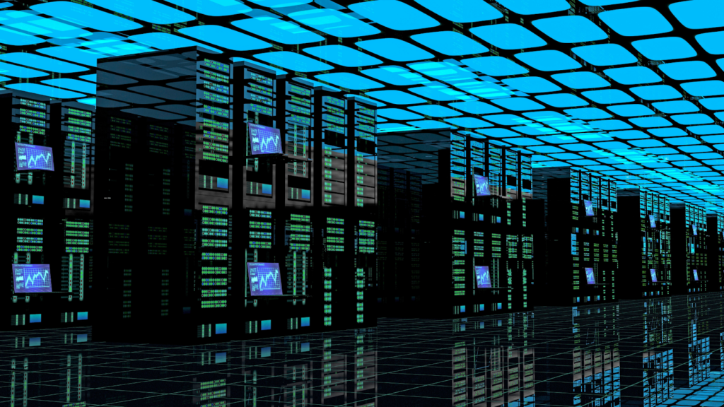 Image of rows of server racks across a bluish-lit data center room.