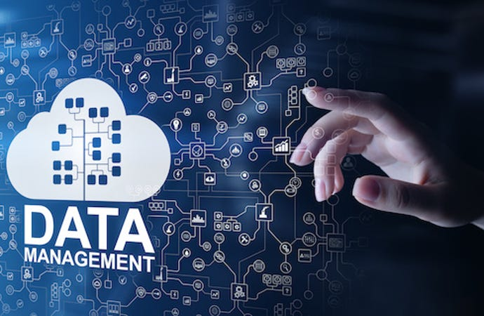 Infographic of the word "data management" within a cloud in a circuit with a person trying to access it.