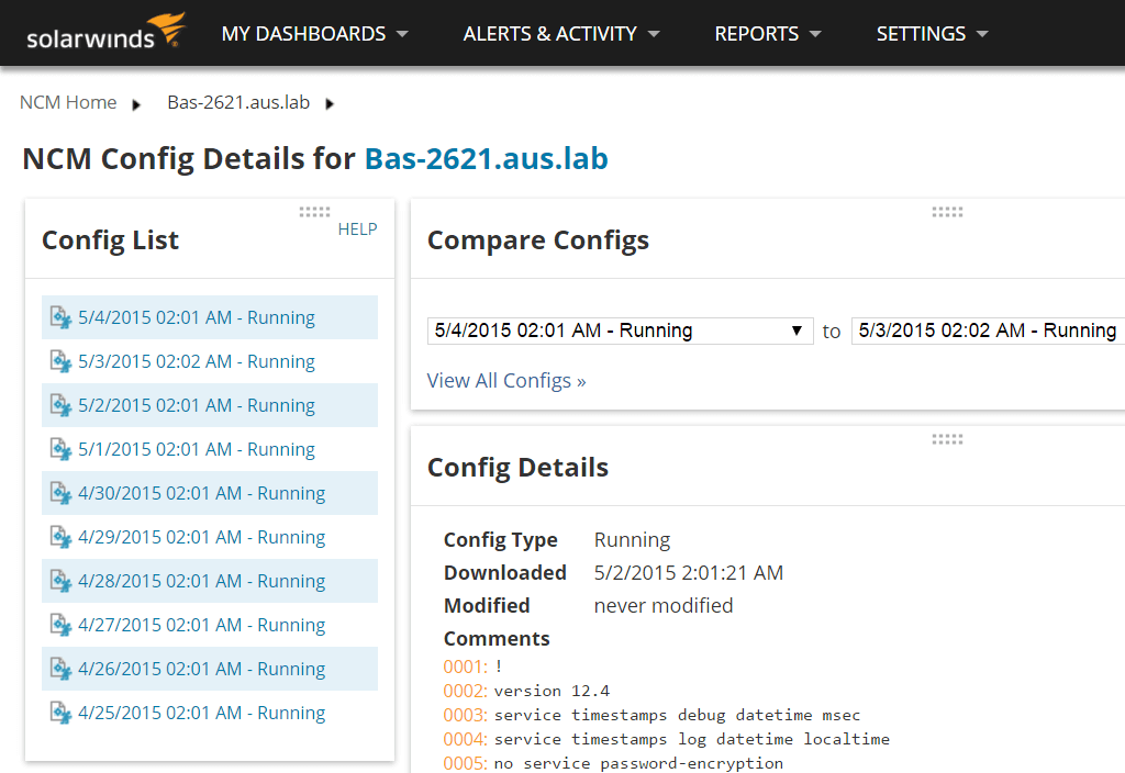 Image of Solarwinds NCM automated network device configuration page.