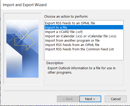 Screenshot of Outlook Import and Export Wizard.