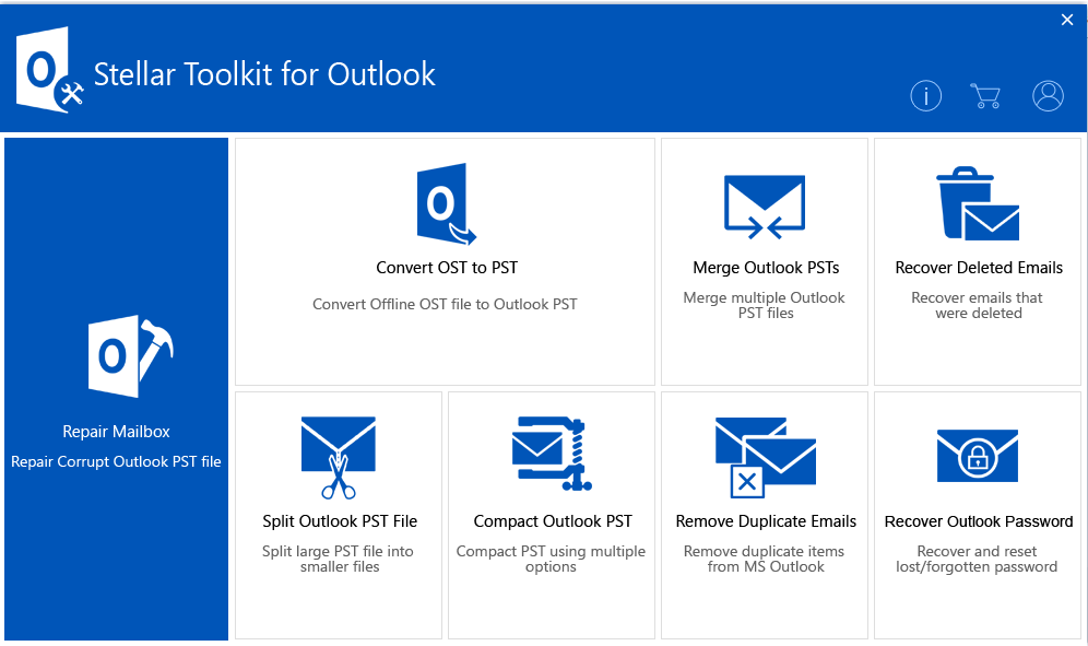 Screenshot of  the Stellar Toolkit for Outlook dashboard.